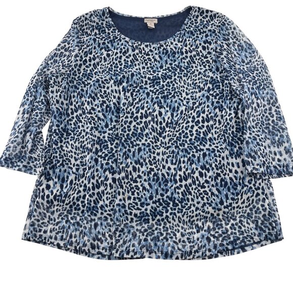 Chicos Easywear Animal Print Top Size 2 Medium Blue & White Polyester Blend - Picture 1 of 5